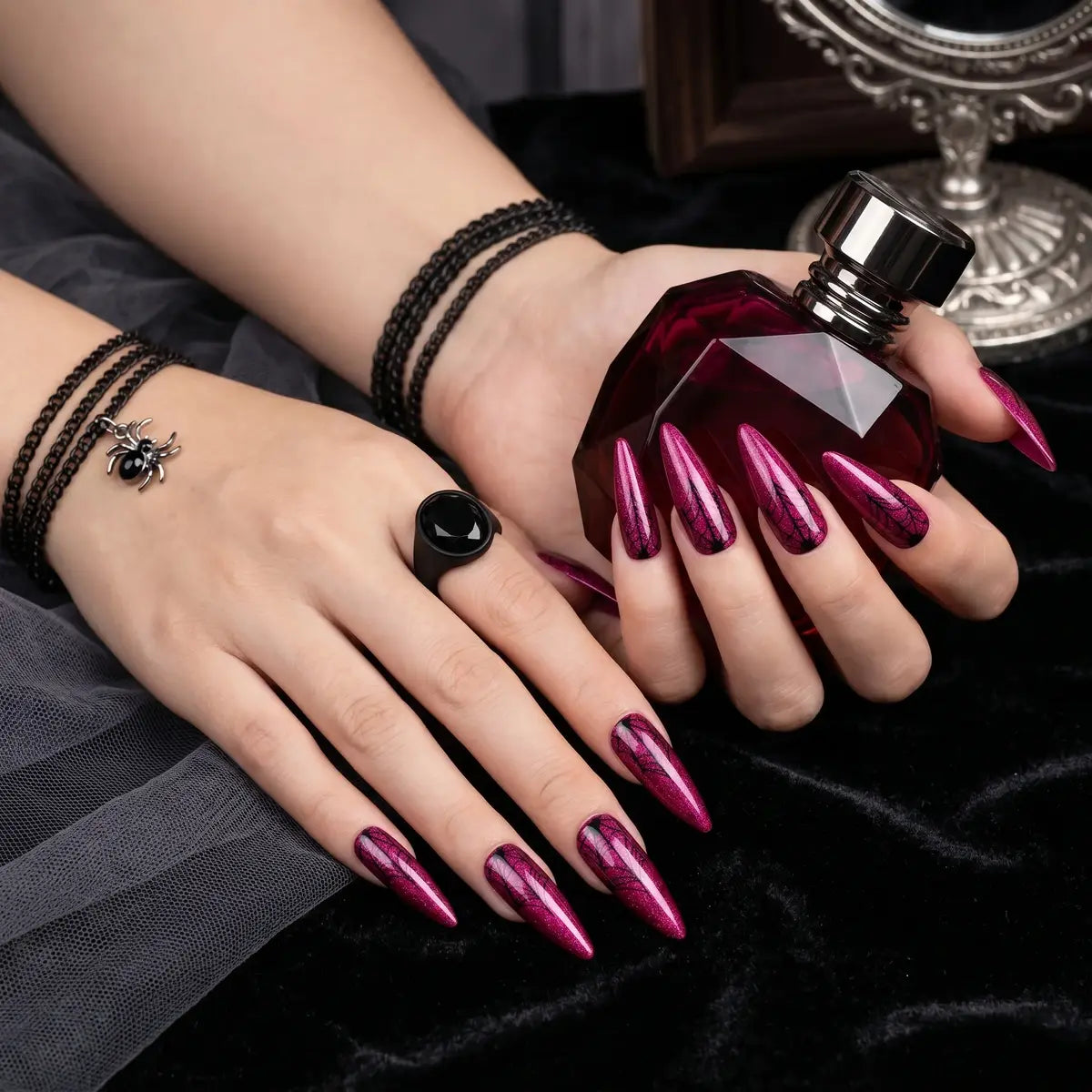 Kentrim Jelly Glue Hot Pink Kentrim Metallic Magenta Spider Web Long Stiletto Halloween Press On Nails - 24 Pieces (12 Sizes)