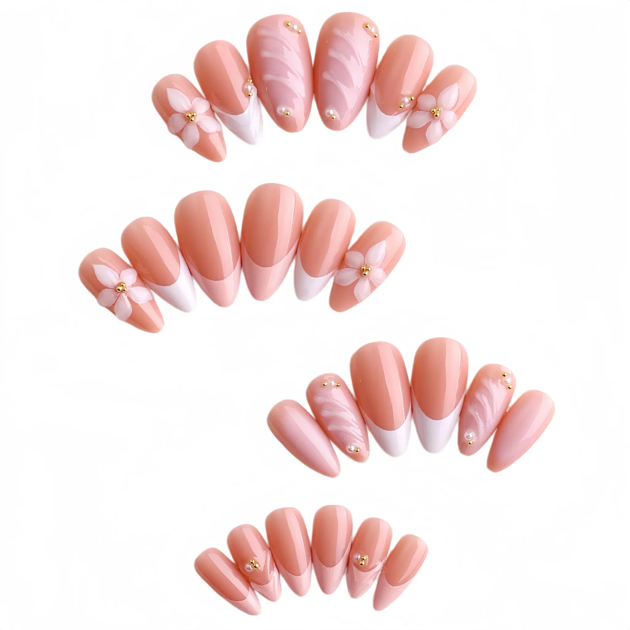 Kentrim Peach Floral Almond Press On Nails set with 24 pieces in 12 sizes, showcasing floral design and almond shape. Main image