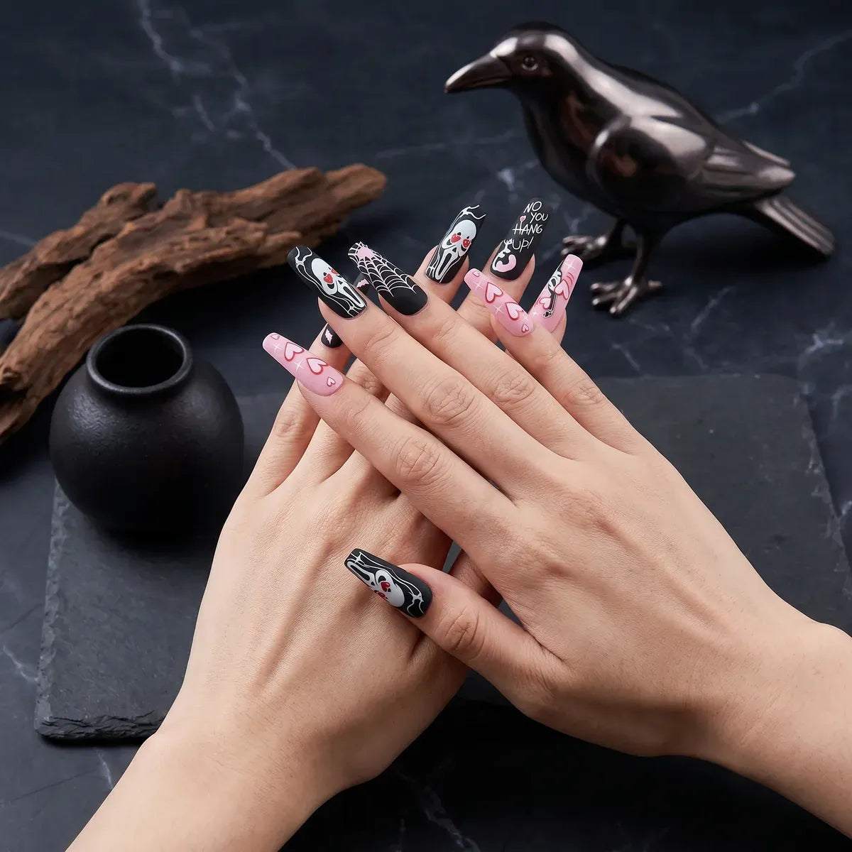 Kentrim Pink Matte Ghost Face Long Coffin Halloween Press On Nails - 24 Pieces (12 Sizes) Secondary image