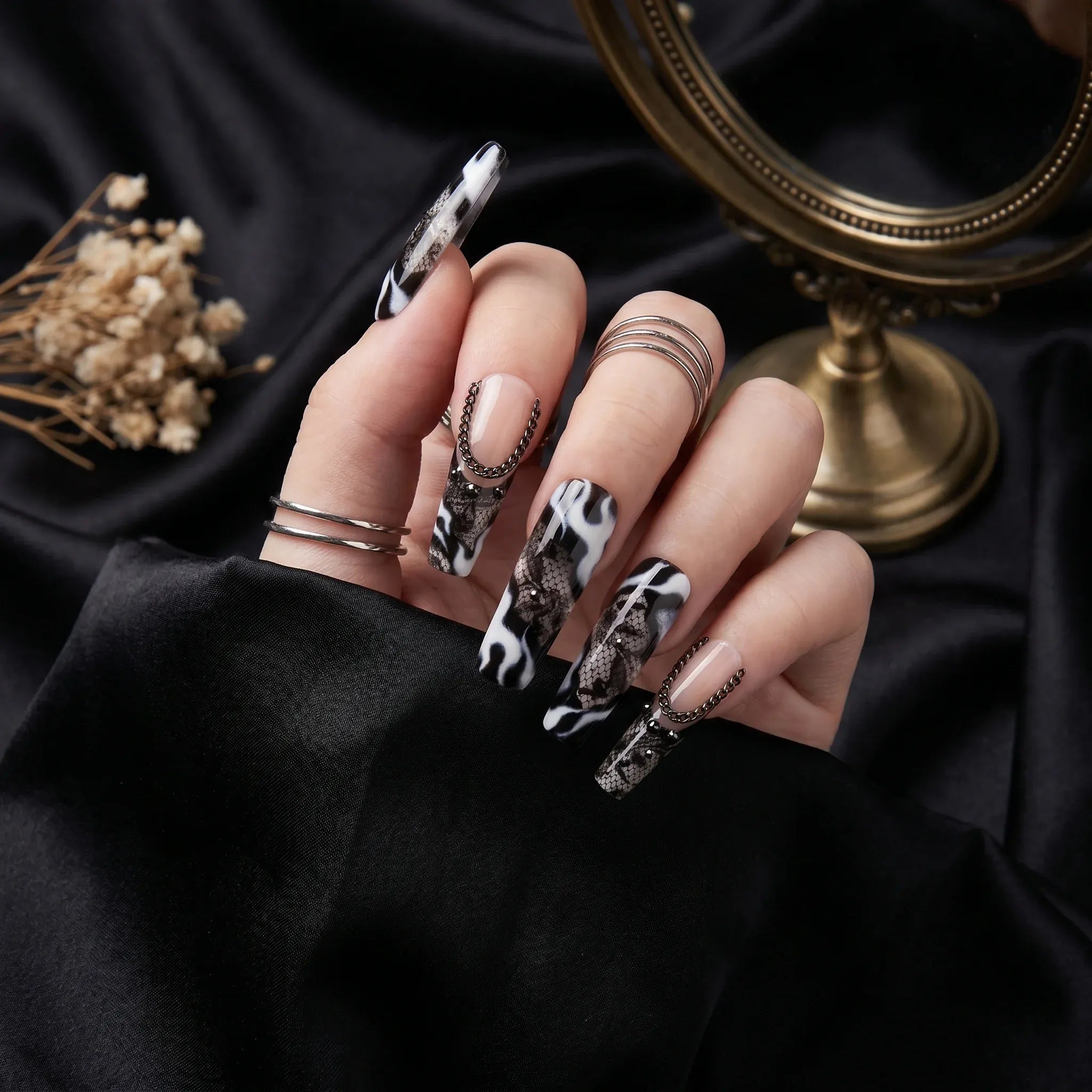 Kentrim Jelly Glue Dark black Kentrim Snake Print French Tip Press On Nails - 30 Pieces (15 Sizes)