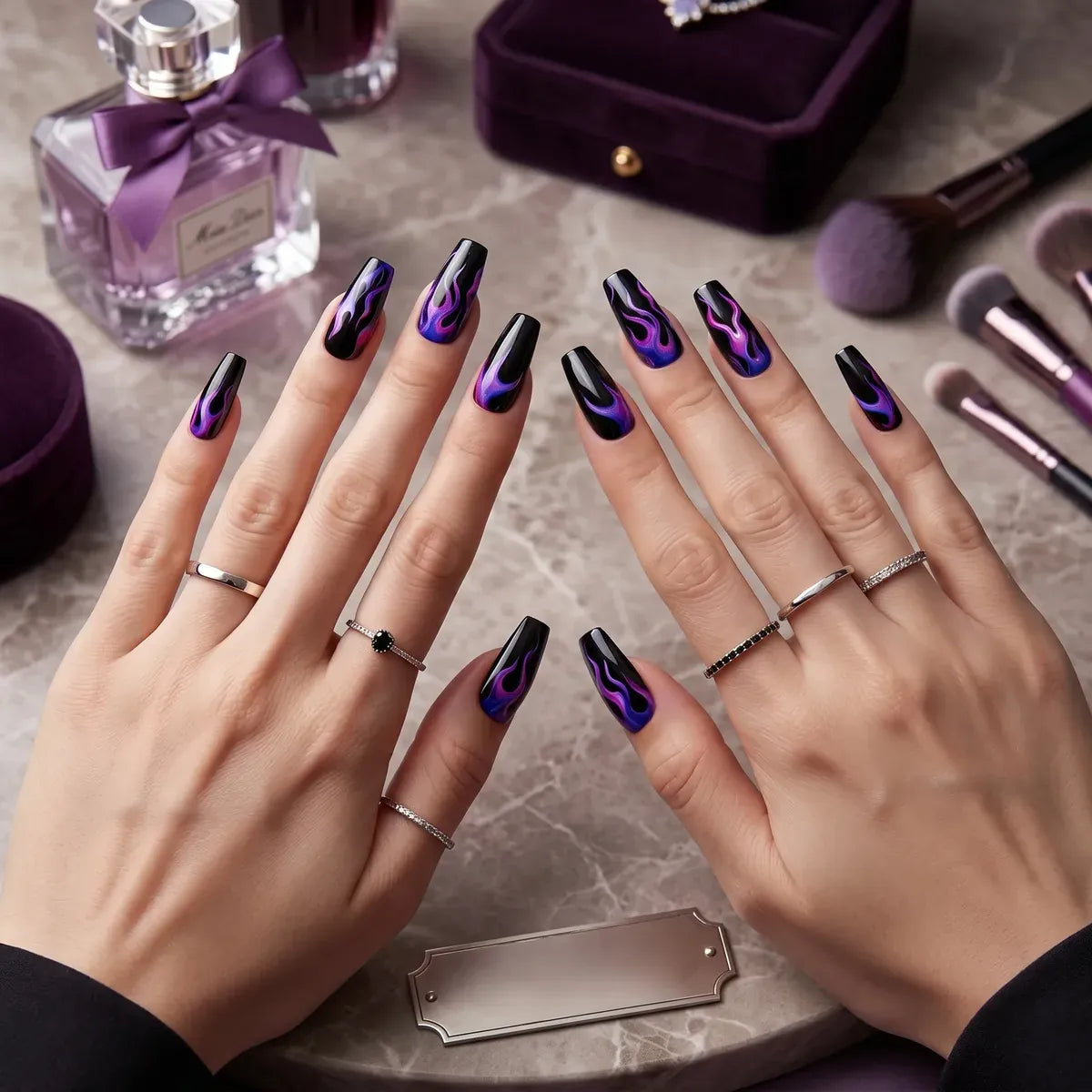 Kentrim Jelly Glue Purple Kentrim Purple Flame Coffin Press On Nails - 24 Pieces (12 Sizes)
