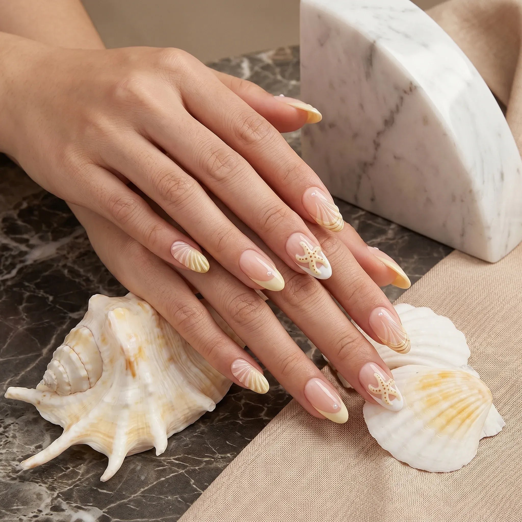 Kentrim Jelly Glue Pink Kentrim Ocean Starfish & Shell French Press On Nails - 24 Pieces (12 Sizes)