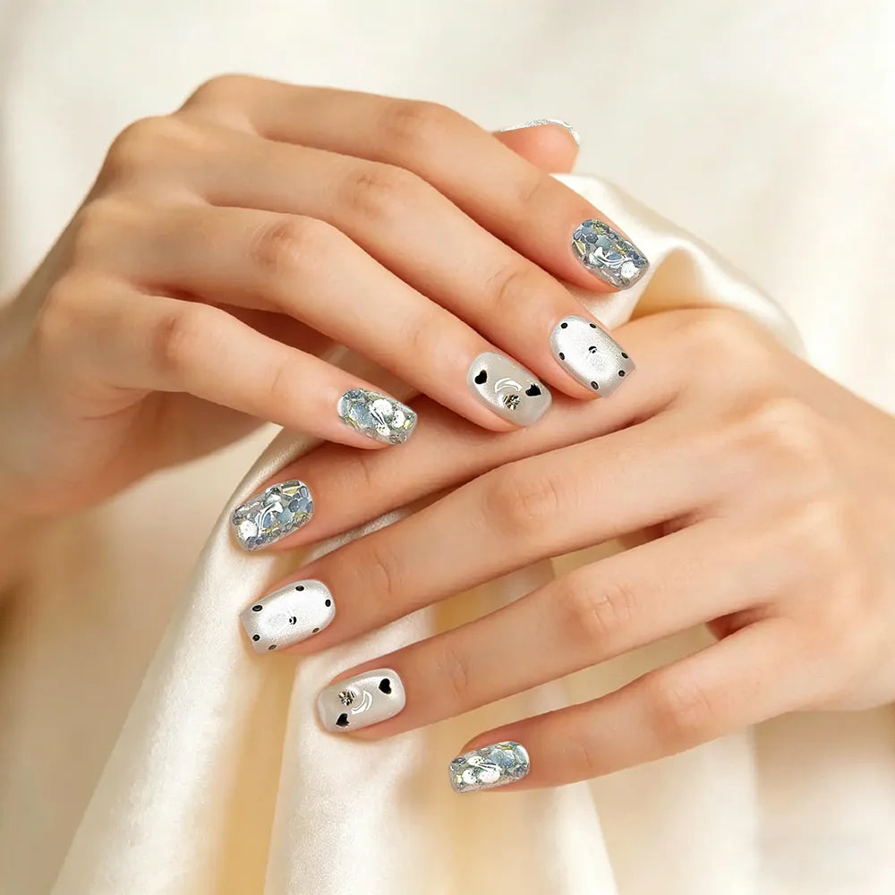 Kentrim Nude White Heart Rhinestone Glitter Short Square Press On Nails - 10 Pieces (Single Size)