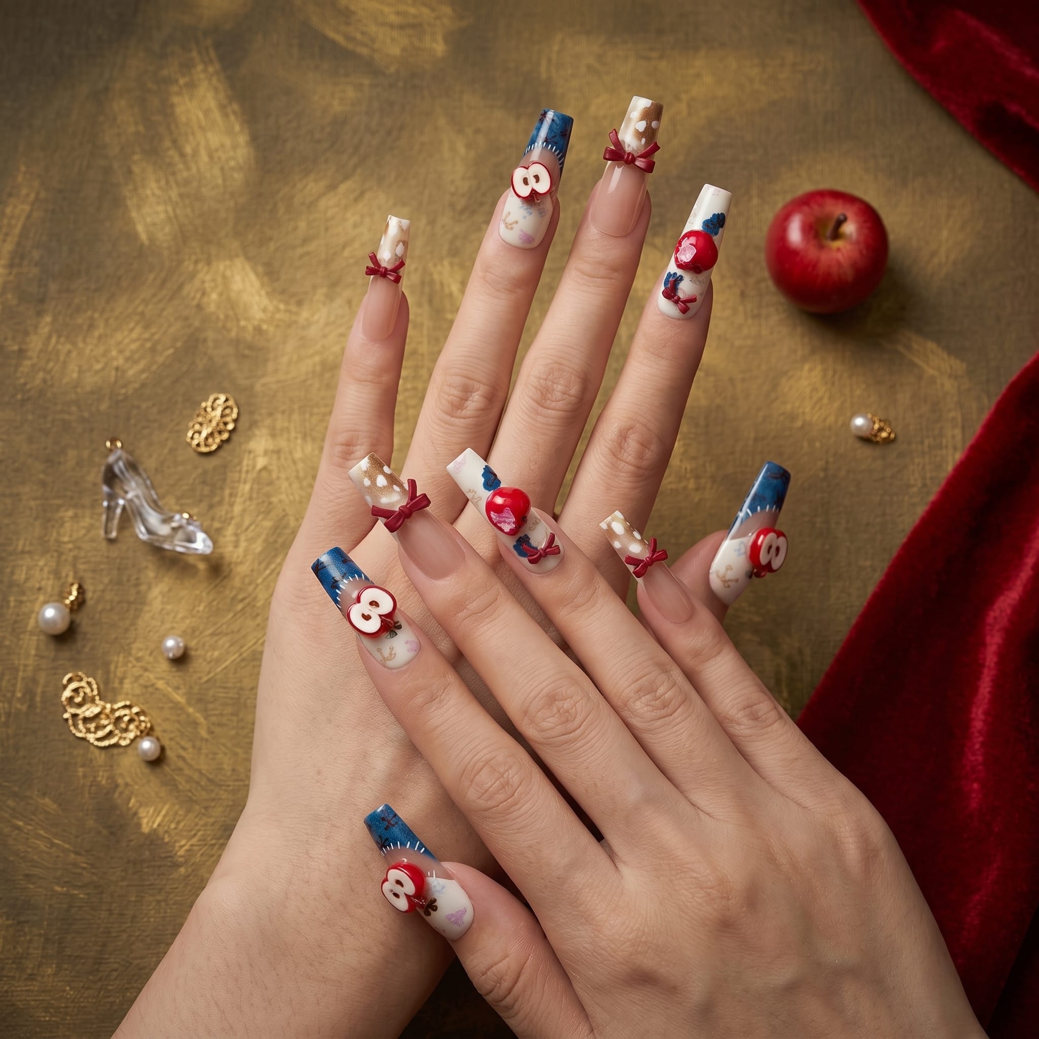 Kentrim Snow White themed 3D apple and bow long square press on nails, set of 30 pieces with 15 sizes, featuring white and red accents. Main image
