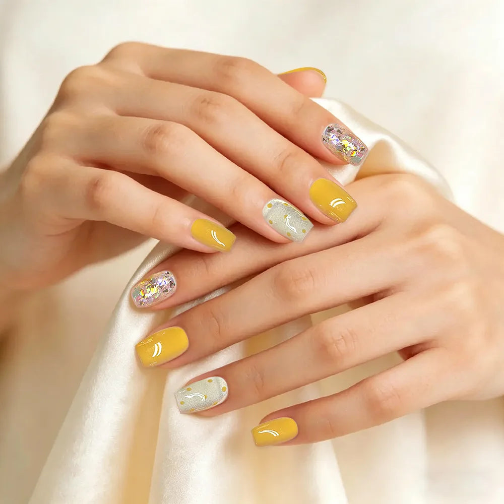 Kentrim Yellow Glitter Polka Dot Short Square Press On Nails - 10 Pieces (Single Size)