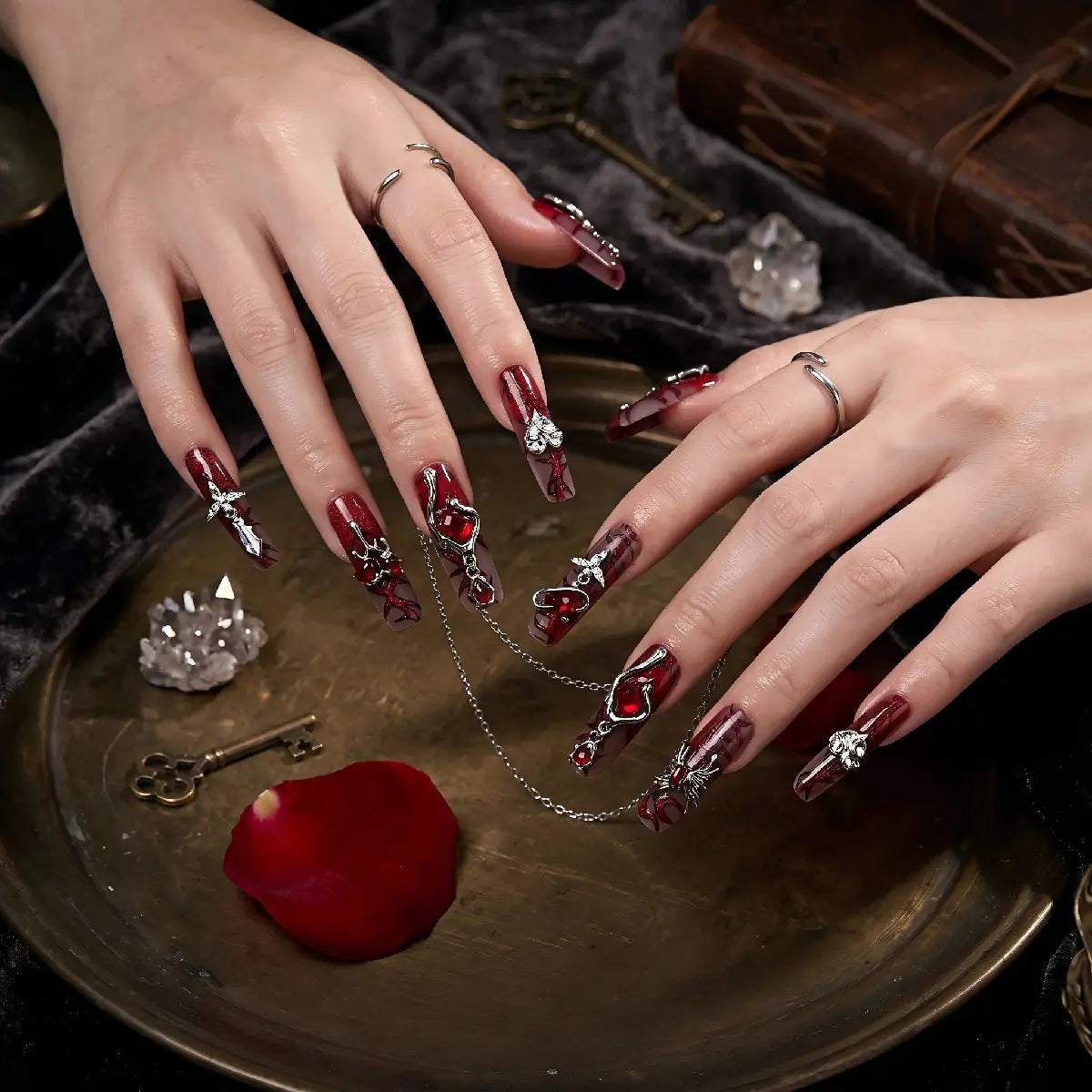 Kentrim Jelly Glue Red Kentrim Gothic Red Gem Press On Nails - 30 Pieces (15 Sizes)