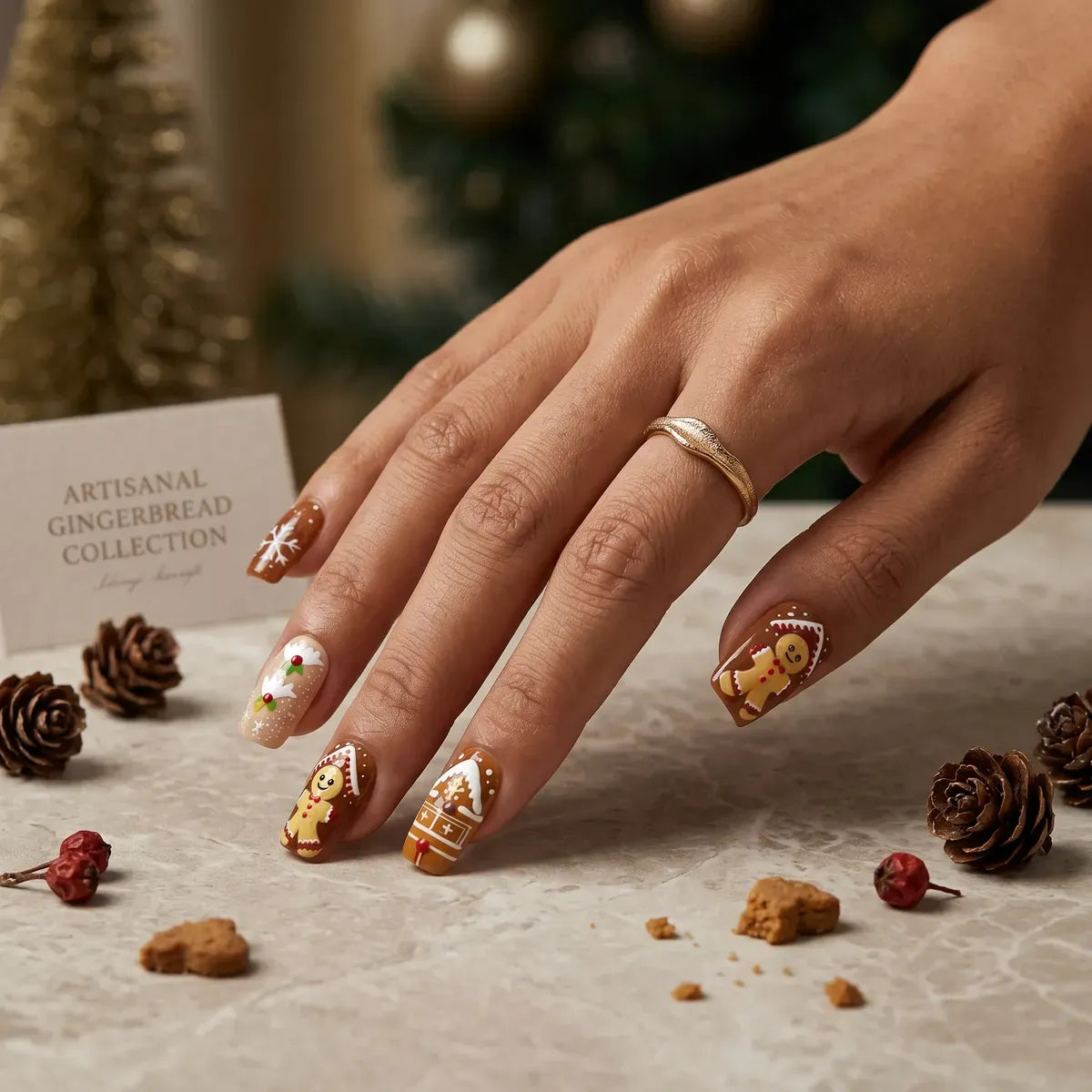 Kentrim Jelly Glue Brown Kentrim Gingerbread Man Christmas Medium Square Press On Nails - 24 Pieces (12 Sizes)
