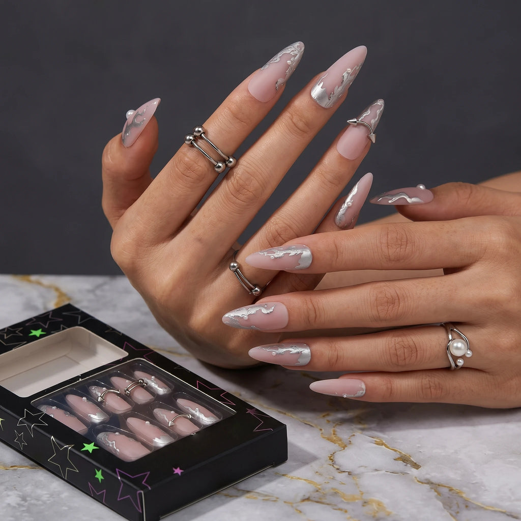 Kentrim Pink Silver Metallic Press On Nails - 30 Pieces, 15 Sizes
