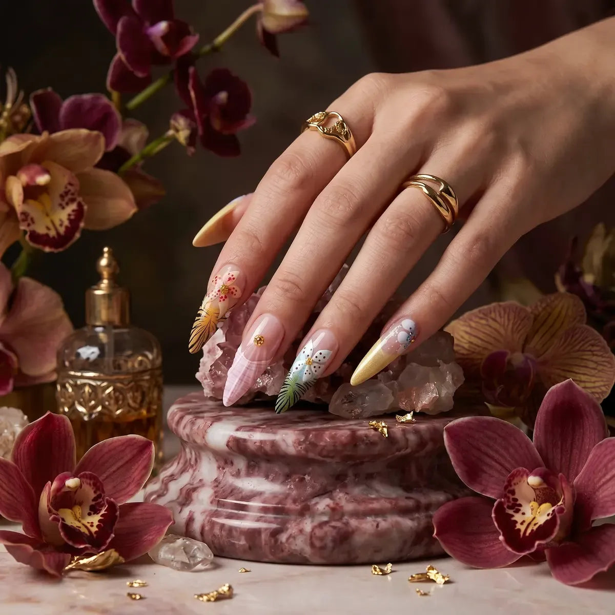Kentrim Tropical Flower Stiletto Press On Nails - 24 Pieces (12 Sizes)