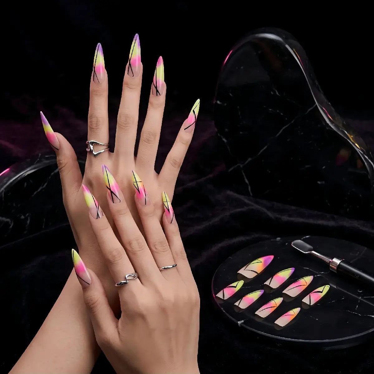 Kentrim Jelly Glue Yellow Kentrim Neon Gradient Abstract Line Press On Nails - 30 Pieces (15 Sizes)