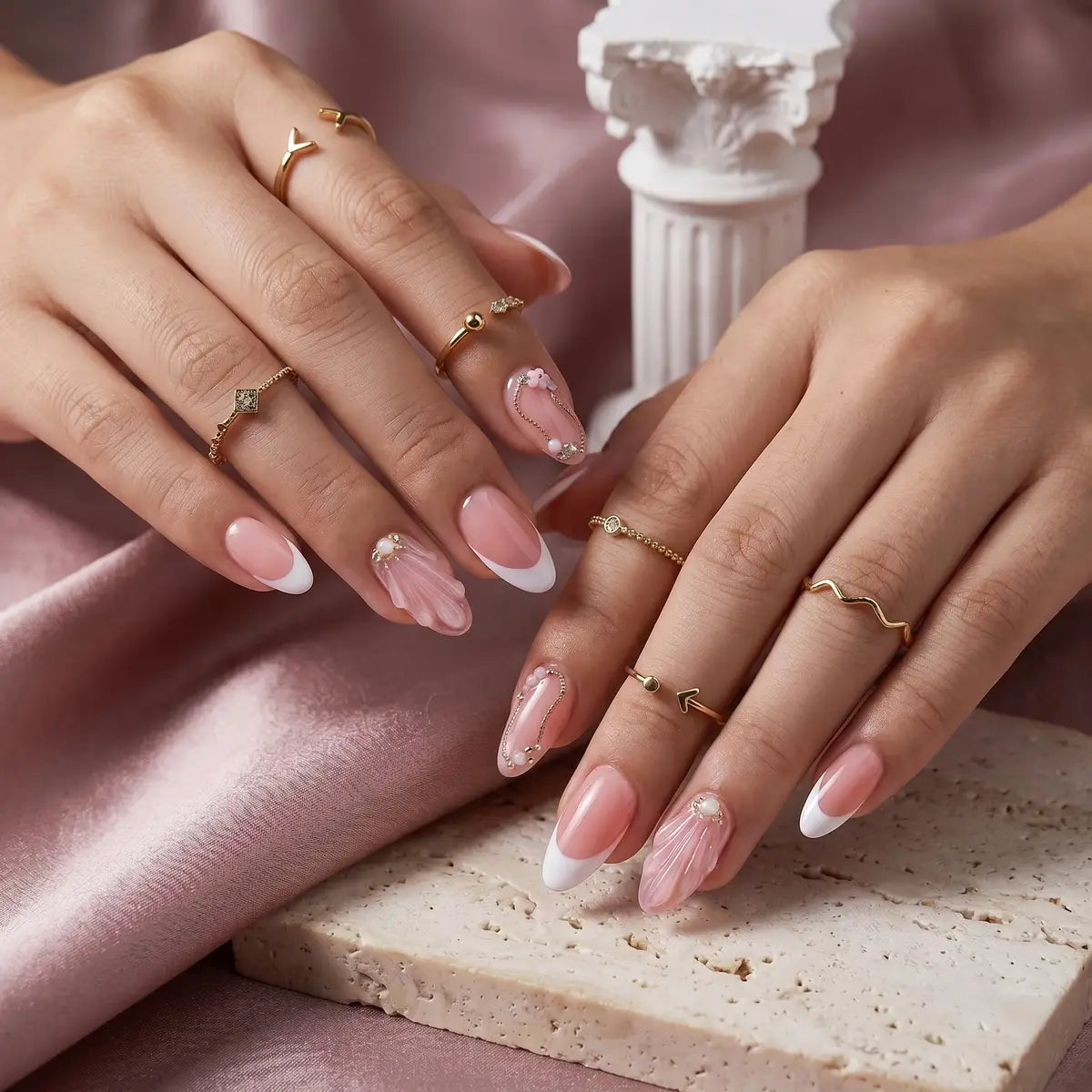 Kentrim Shell Texture Pearl & Rhinestone Chain Press On Nails - 24 Pieces (12 Sizes) Secondary image