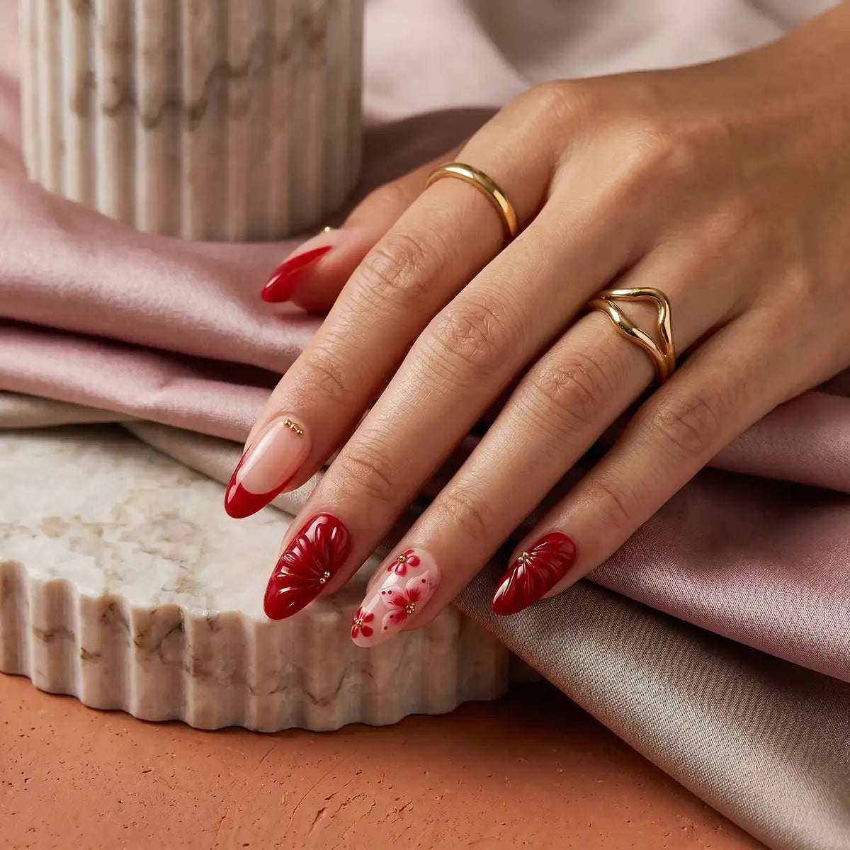 Kentrim Red French Press On Nails with 3D Flower & Shell Details - 24 Pieces (12 Sizes)