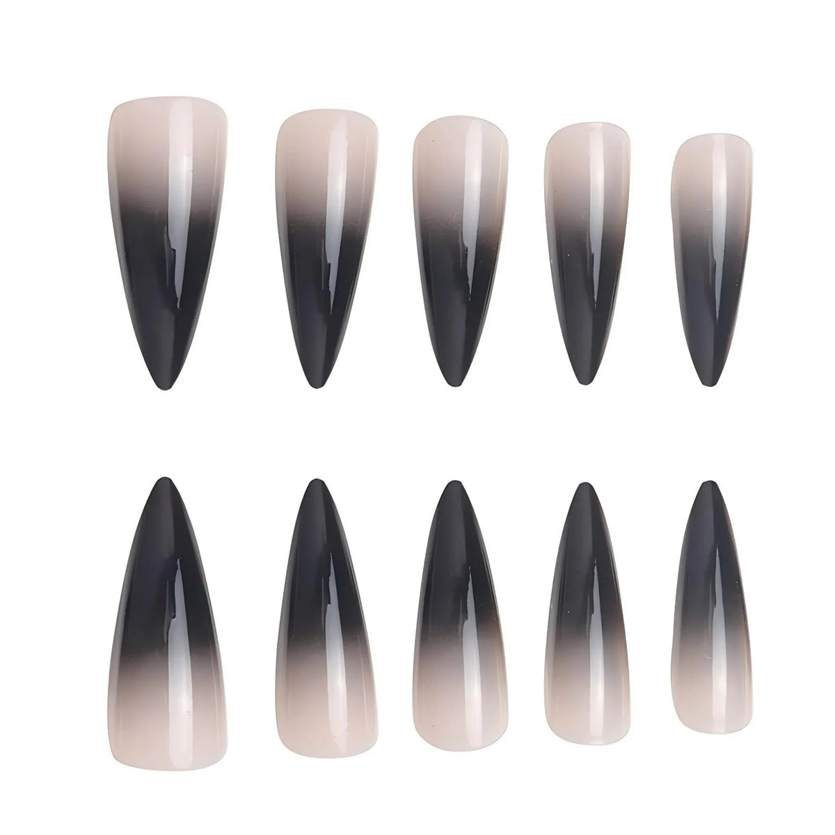 Kentrim Nude Black Gradient Long Almond Press On Nails, 24-piece set with 12 sizes, showcasing elegant nail design and glossy finish. Main image