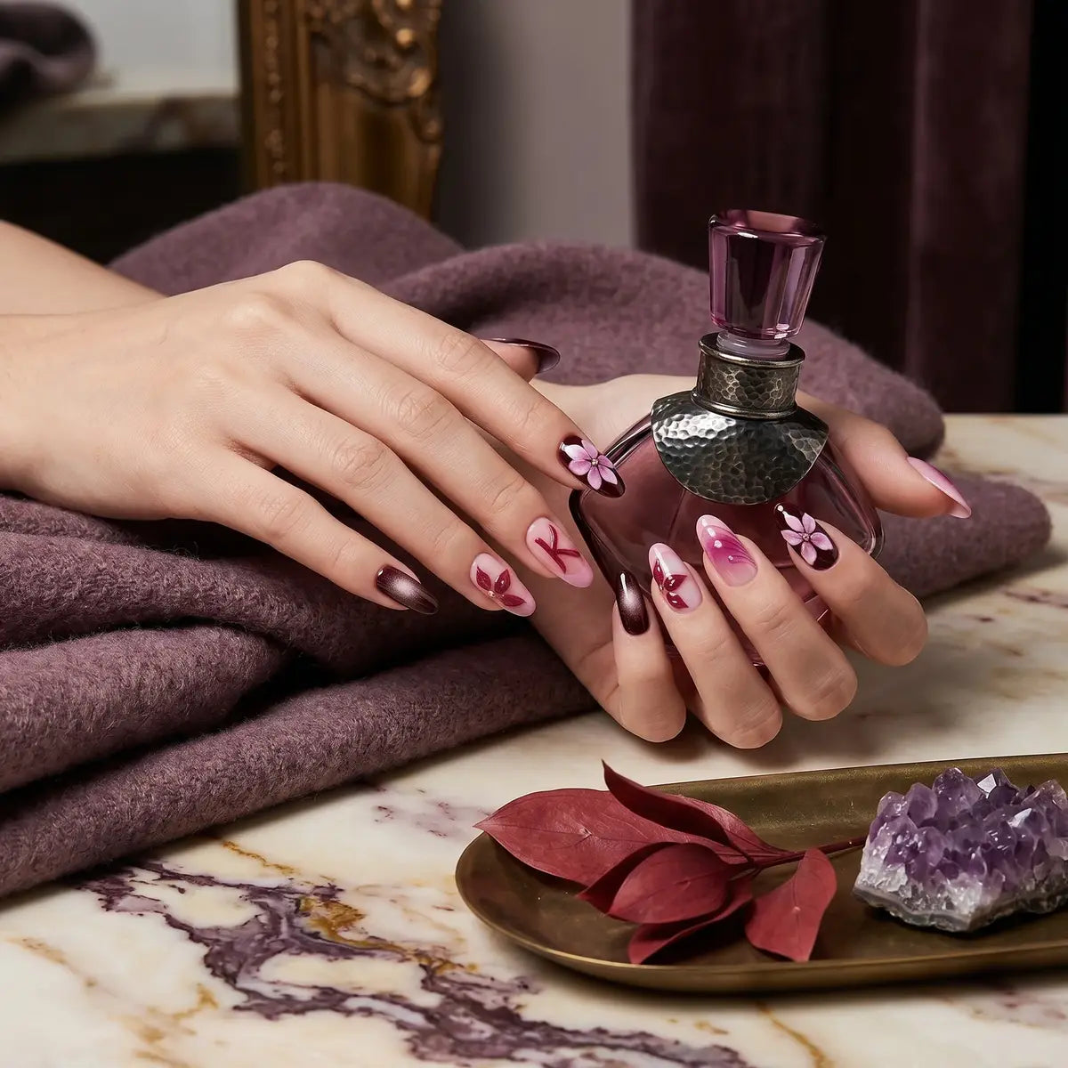Kentrim Jelly Glue Pink Kentrim Pink & Burgundy Floral Almond Press On Nails-24 Pieces (12 Sizes)