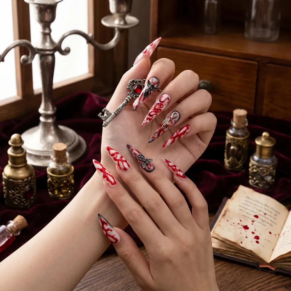 Kentrim Jelly Glue Red Kentrim Bloody Drip Angel Key Halloween Stiletto Press On Nails - 24 Pieces (12 Sizes)