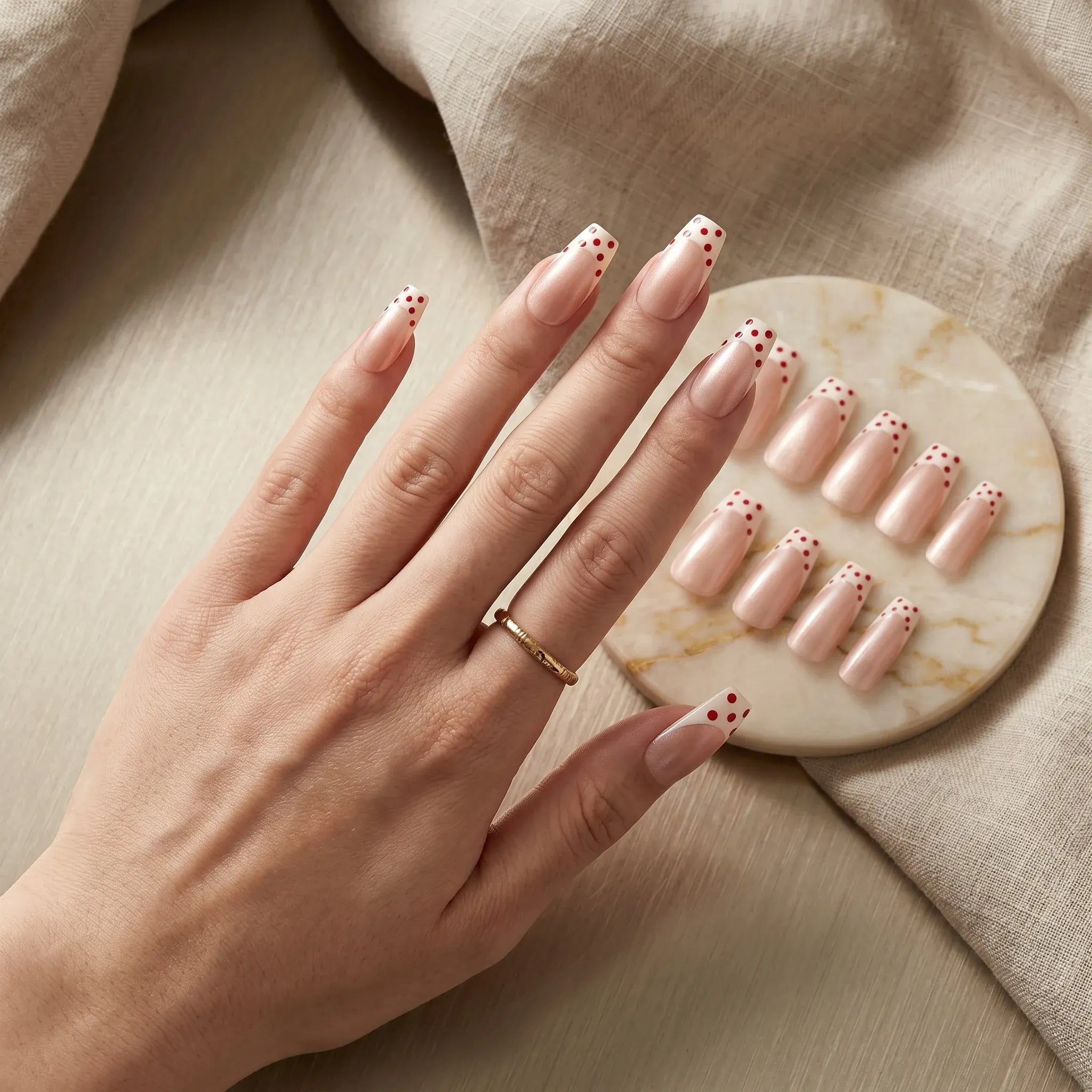 Kentrim Jelly Glue Pink Kentrim Red Polka Dot French Tip Press On Nails - 30 Pieces (15 Sizes)