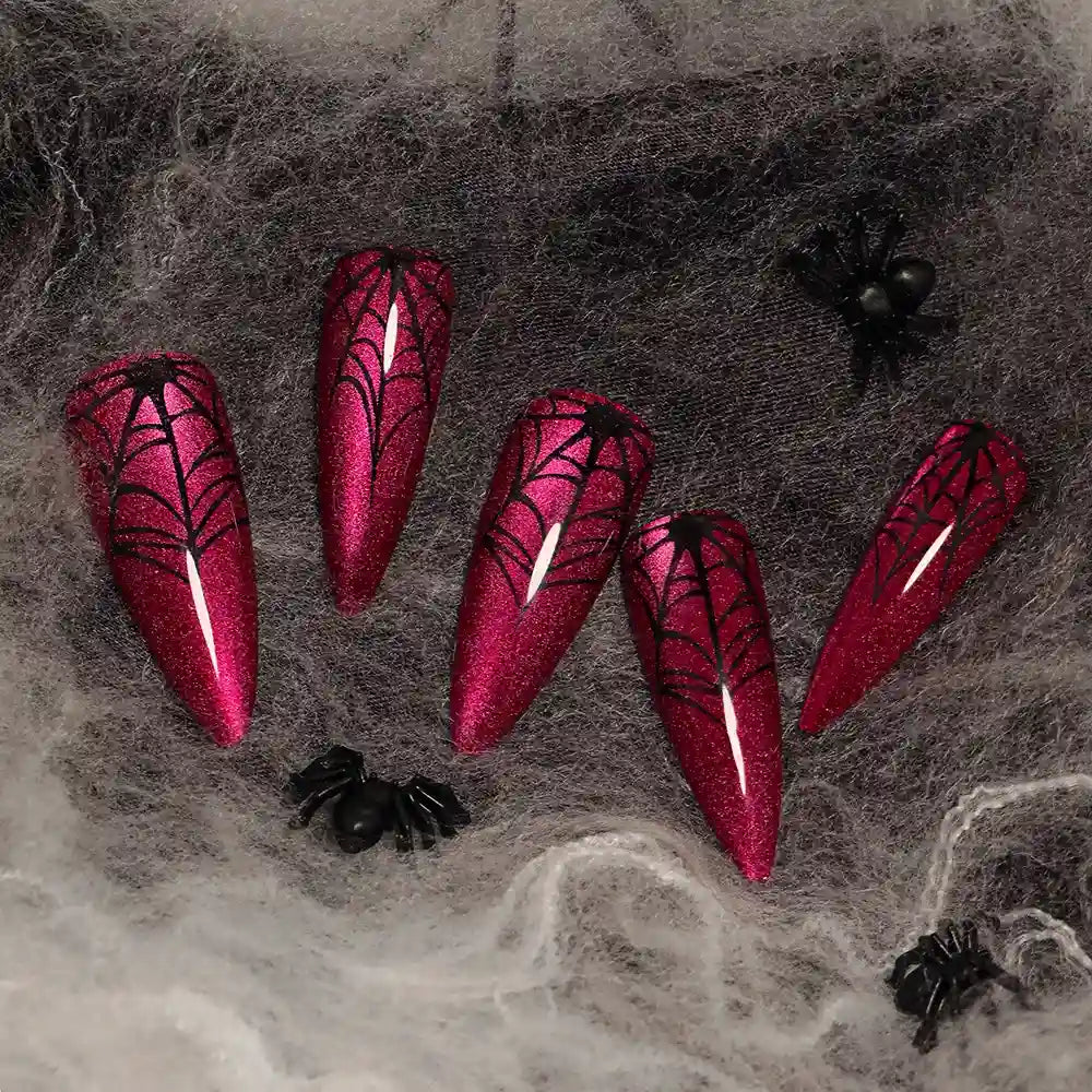 Kentrim Jelly Glue Hot Pink Kentrim Metallic Magenta Spider Web Long Stiletto Halloween Press On Nails - 24 Pieces (12 Sizes)