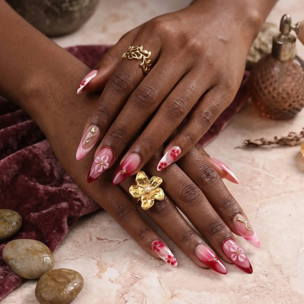 Kentrim Red Ombre Floral Almond Press On Nails-24 Pieces (12 Sizes)