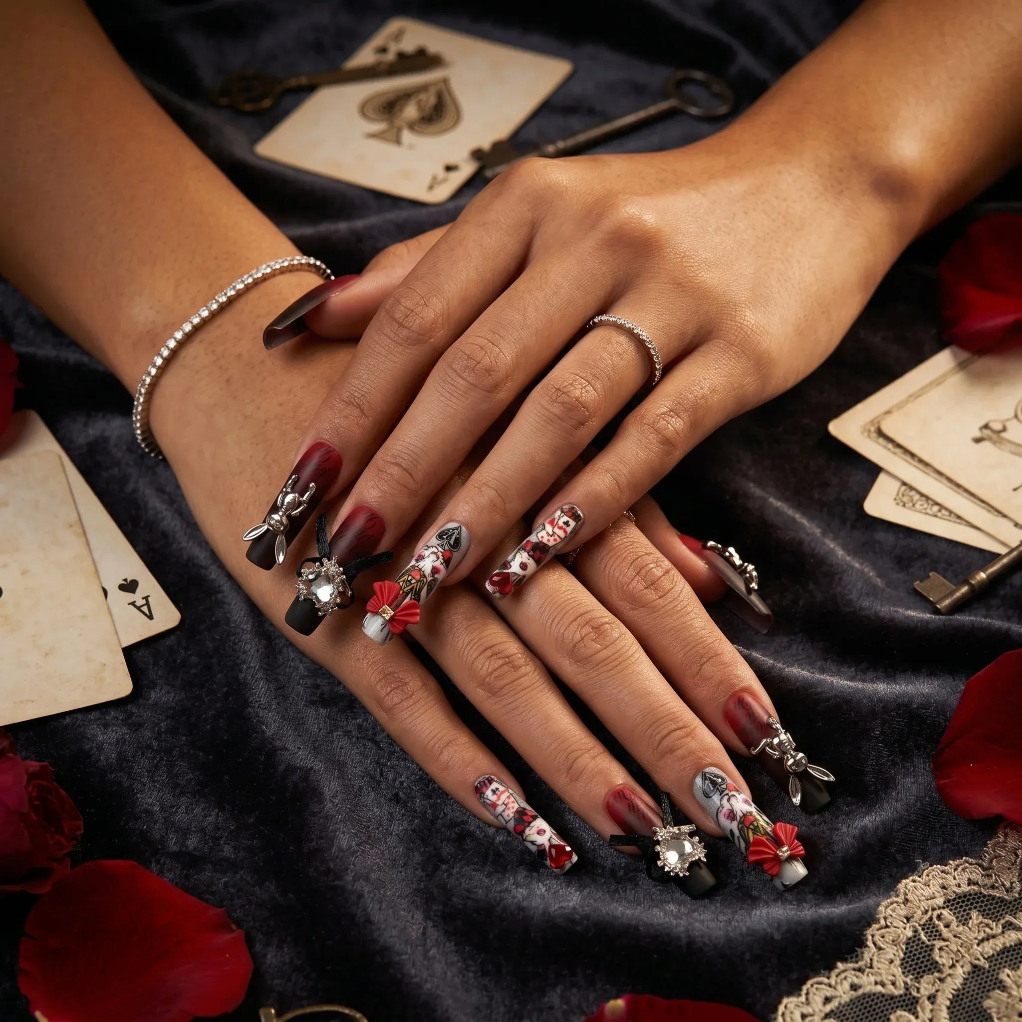 Kentrim Jelly Glue Red Kentrim Alice in Wonderland Themed Press On Nails - 30 Pieces (15 Sizes)