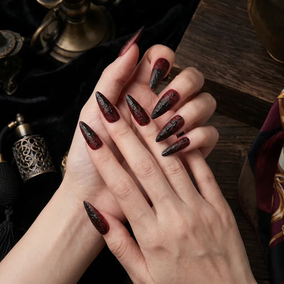 Kentrim Jelly Glue Black Kentrim Gothic Red to Black Gradient Stiletto Press On Nails with Black Carvings - 24 Pieces (12 Sizes)
