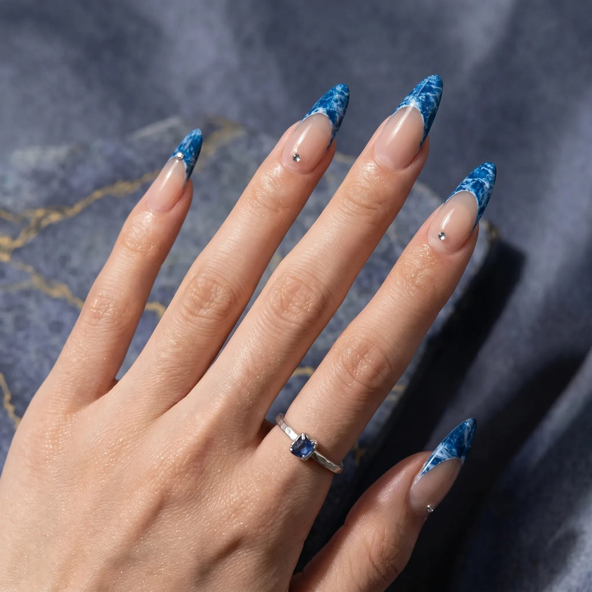Kentrim Jelly Glue Blue Kentrim Denim French Tip Press On Nails with Rhinestones - 30 Pieces (15 Sizes)