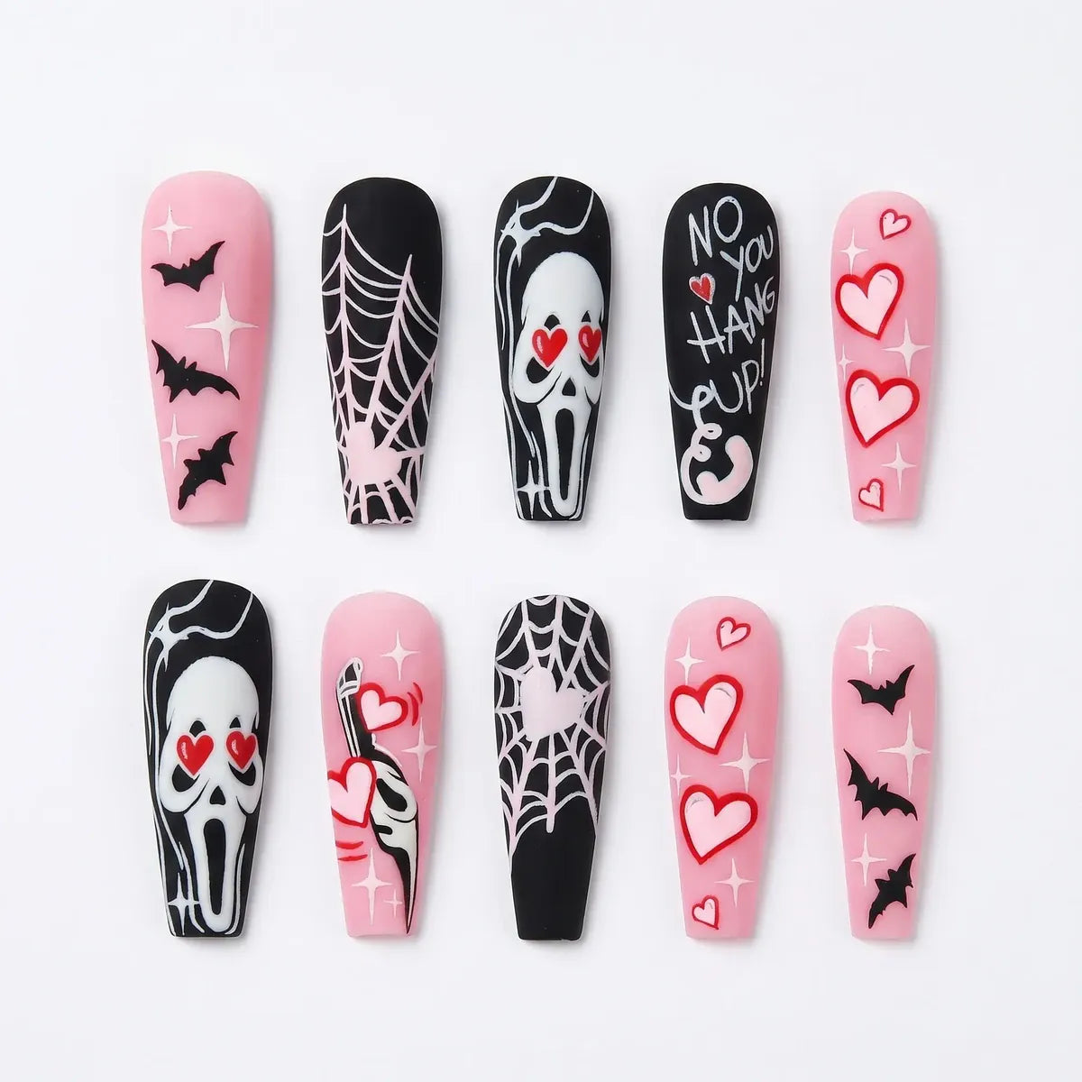 Kentrim Jelly Glue Pink Kentrim Pink Matte Ghost Face Long Coffin Halloween Press On Nails - 24 Pieces (12 Sizes)