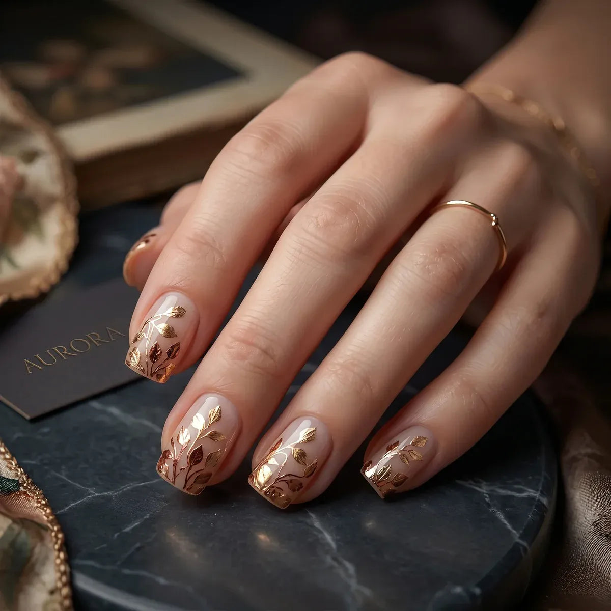 Kentrim Jelly Glue Gold Kentrim Nude Pink with Gold Leaf Medium Square Press On Nails - 24 Pieces (12 Sizes)