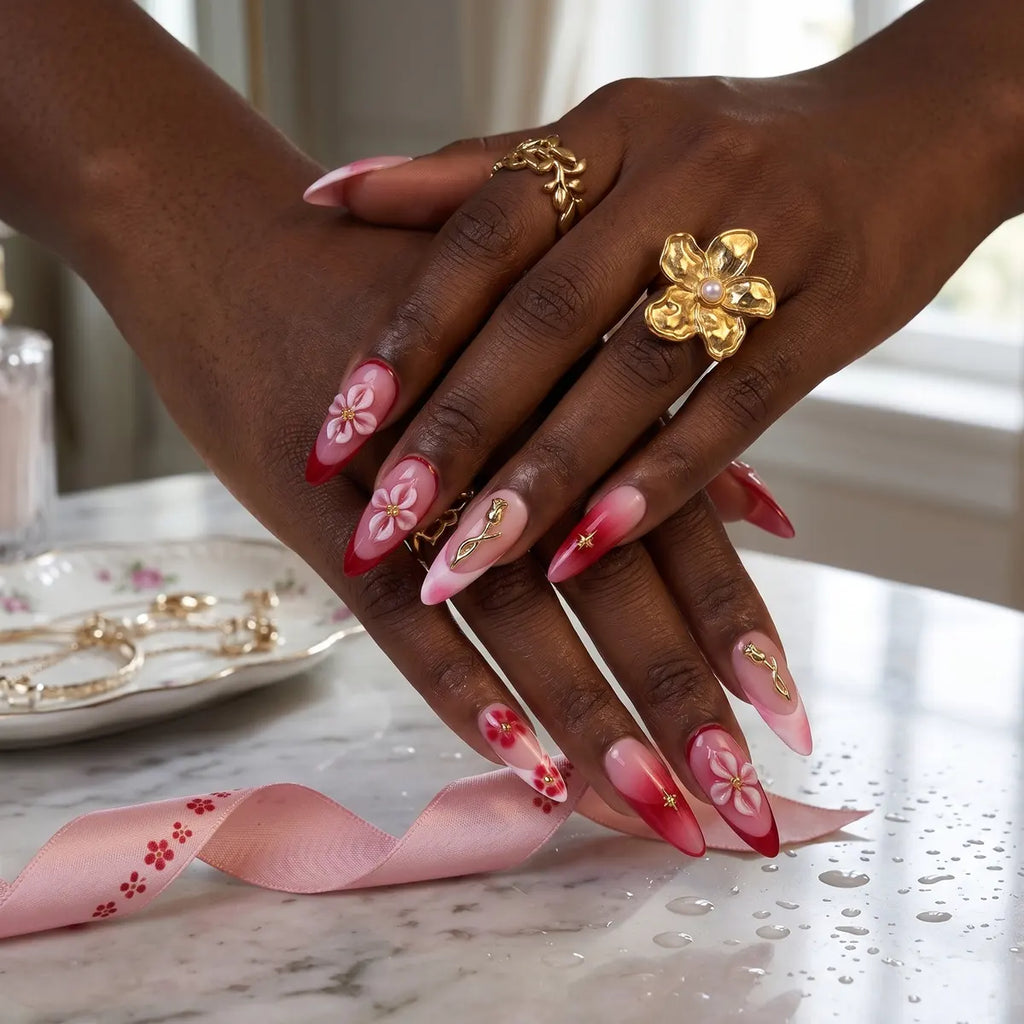 Kentrim Red Ombre Floral Almond Press On Nails-24 Pieces (12 Sizes)