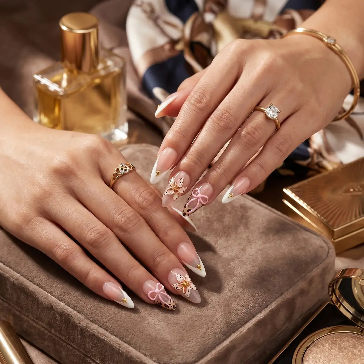 Kentrim Jelly Glue Pink Kentrim Nude Pink French Press On Nails with Leopard & Bow Details- 24 Pieces (12 Sizes)
