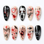 Kentrim Jelly Glue Black Kentrim Scream Ghost Face Almond Halloween Press On Nails - 24 Pieces (12 Sizes)