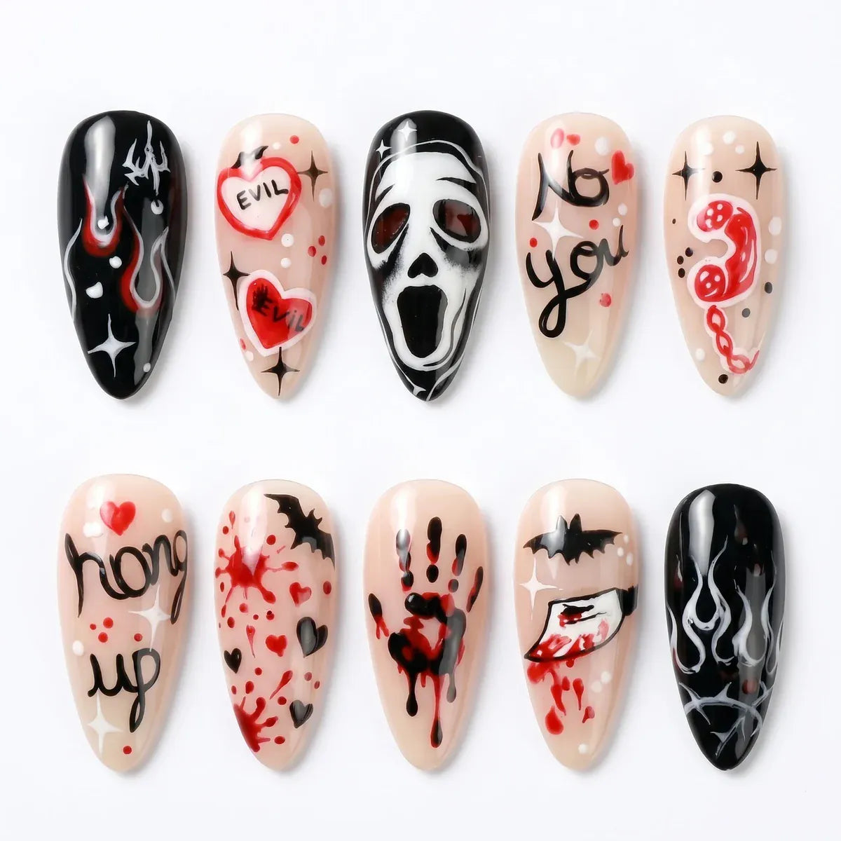 Kentrim Jelly Glue Black Kentrim Scream Ghost Face Almond Halloween Press On Nails - 24 Pieces (12 Sizes)