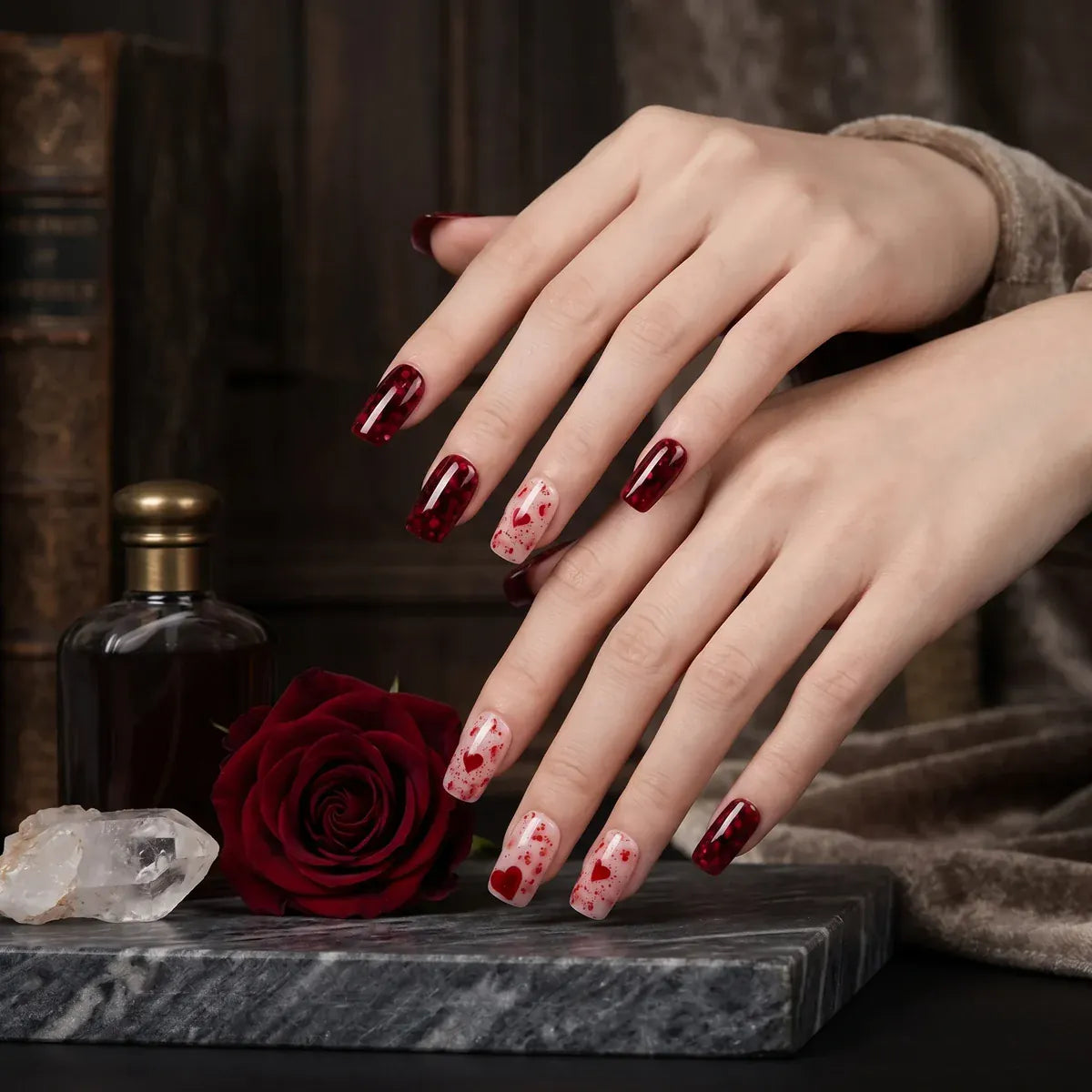Kentrim Jelly Glue Red Kentrim Wine Red Tortoiseshell & Heart Medium Square Press On Nails - 24 Pieces (12 Sizes)