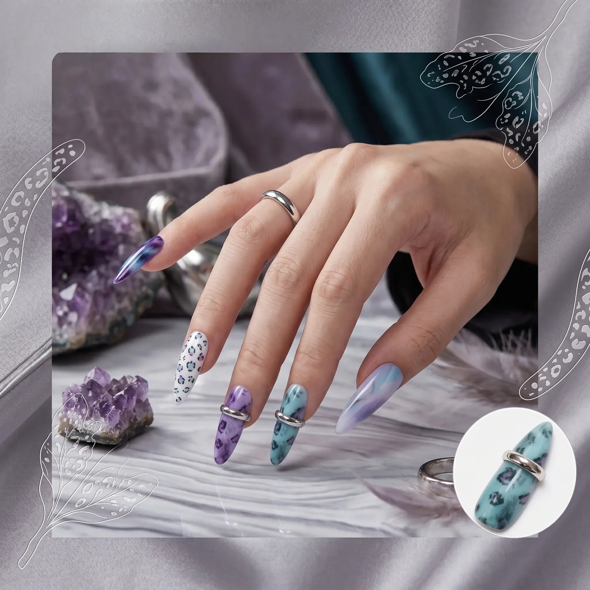 Kentrim Jelly Glue Purple Kentrim Tie-Dye Leopard Print Press On Nails with Silver Rings - 30 Pieces (15 Sizes)