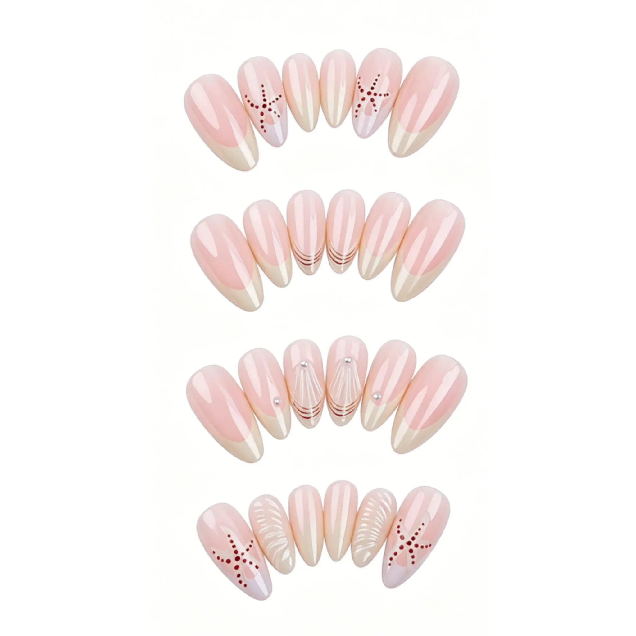 Kentrim Ocean Starfish and Shell French Press-On Nails, 24-piece set with 12 sizes, featuring ocean-themed nail designs. Main image