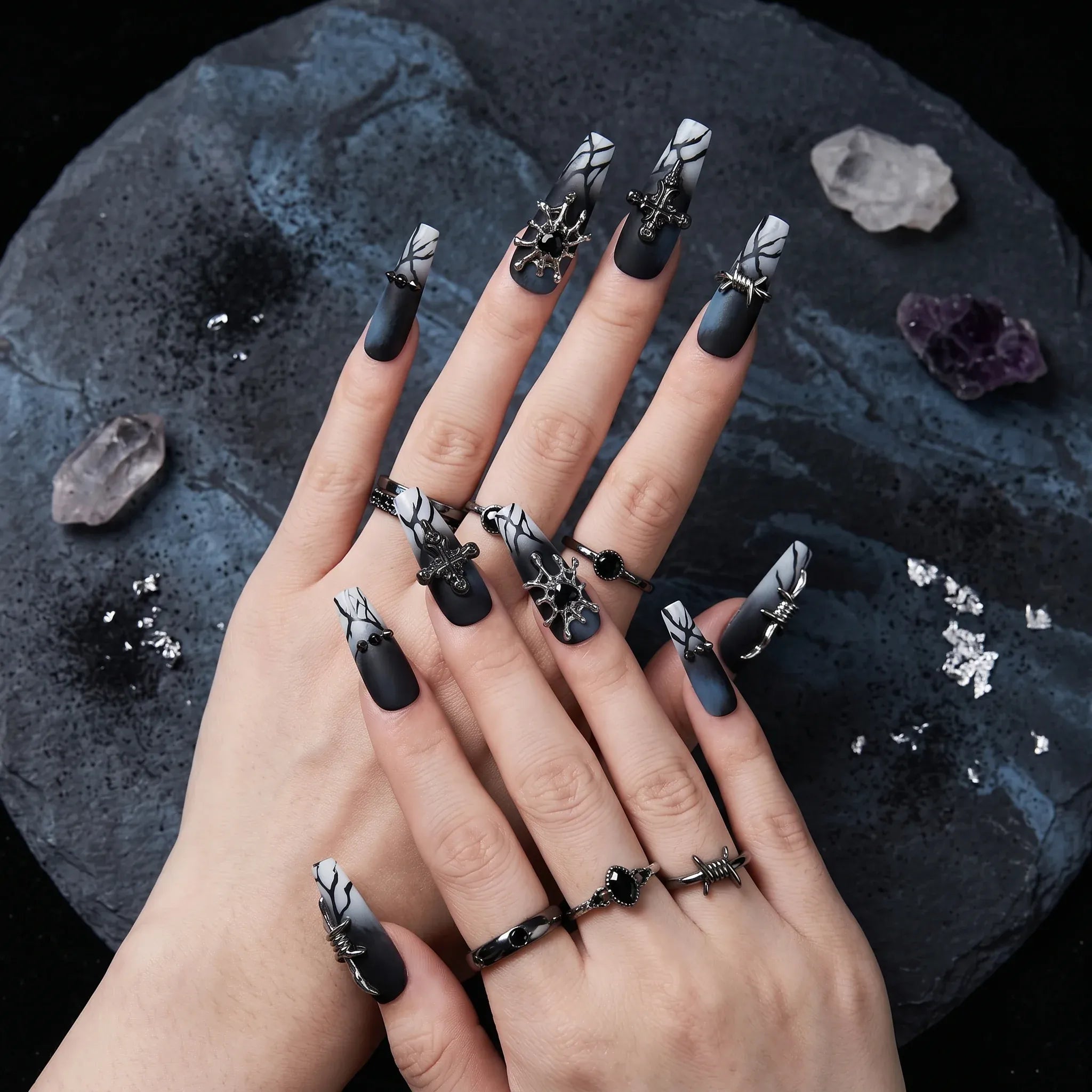 Kentrim Jelly Glue Dark black Kentrim Gothic Gradient Cross Press On Nails - 30 Pieces (15 Sizes)