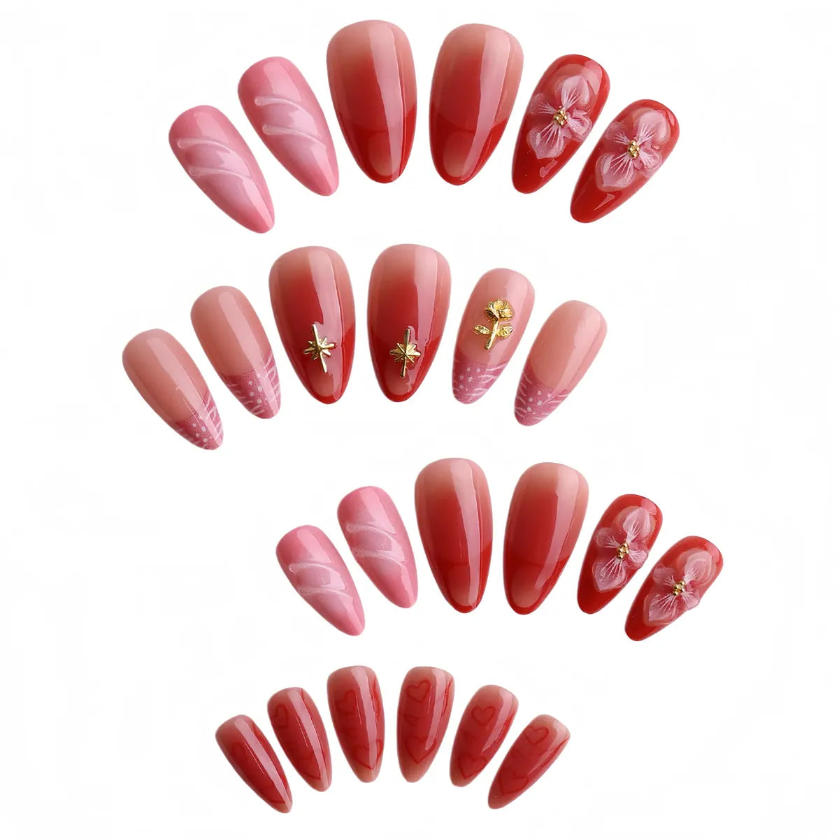 Kentrim Red Ombre Floral Almond Press On Nails, 24 pieces with 12 sizes, showcasing vibrant red and floral design on almond-shaped nails. Main image