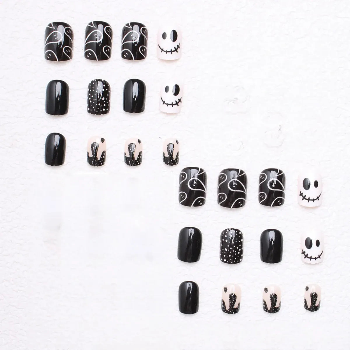 Kentrim Jelly Glue Black Kentrim Black & White Halloween Skull Short Square Press On Nails - 24 Pieces (12 Sizes)