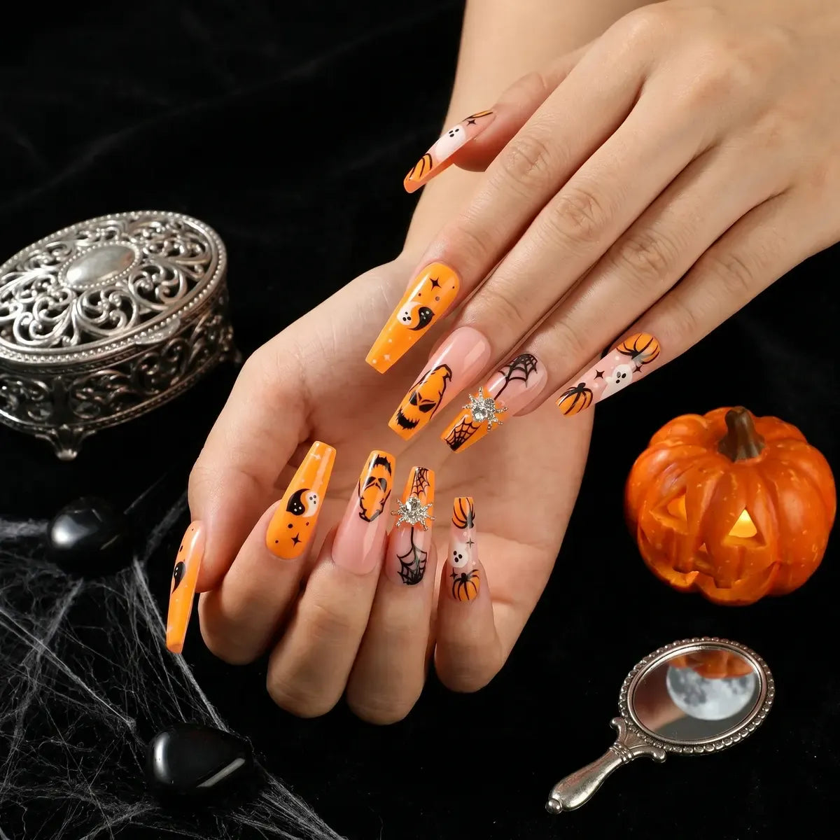 Kentrim Jelly Glue Orange Kentrim Orange Pumpkin Ghost Coffin Halloween Press On Nails - 24 Pieces (12 Sizes)