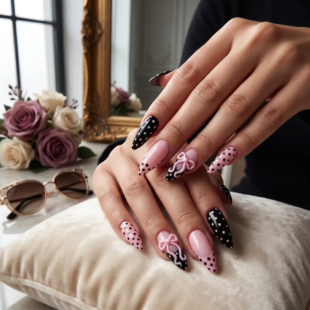 Kentrim Pink & Black Polka Dot Press On Nails-24 Pieces (12 Sizes) Secondary image