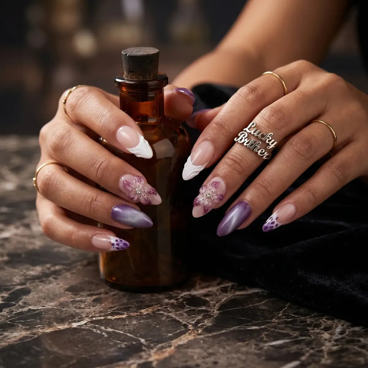 Kentrim Purple Floral Almond Press On Nails- 24 Pieces (12 Sizes) Secondary image