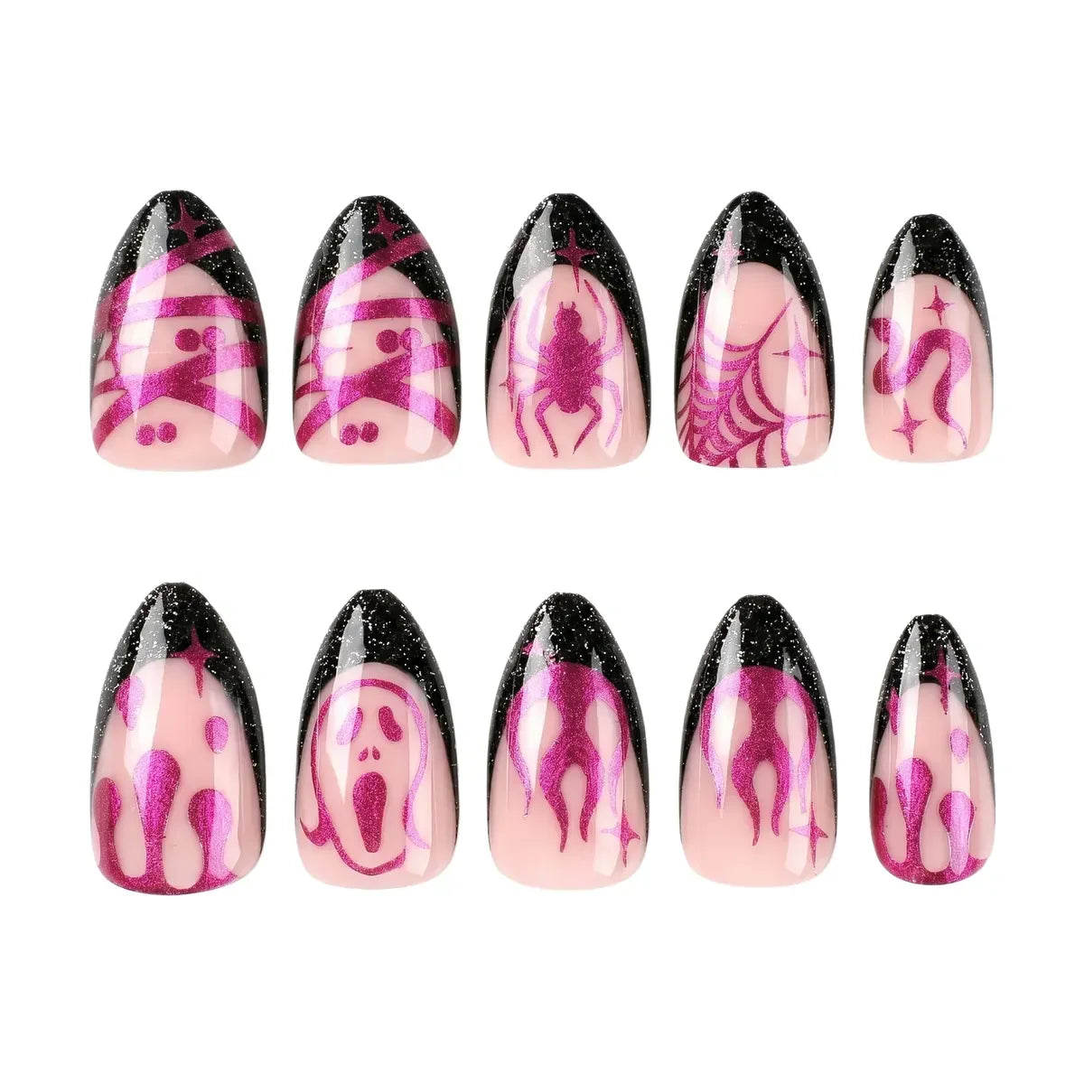 Kentrim Jelly Glue Pink Kentrim Pink Black Spider Ghost Short Almond Halloween Press On Nails - 24 Pieces (12 Sizes)