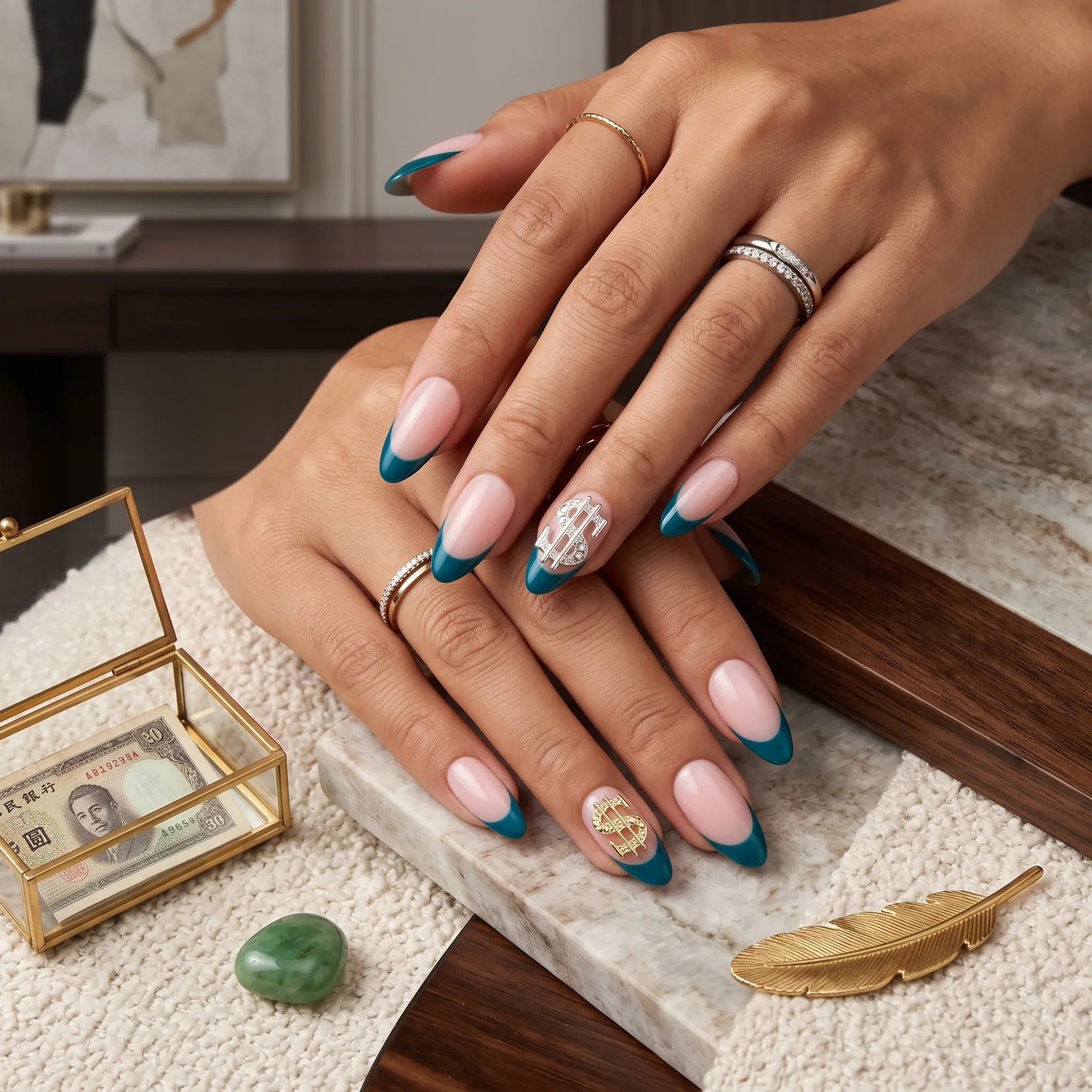 Press on Nails Kentrim French Tip Sign Almond Dollar Press On Nails - 30 Pieces, 15 Sizes