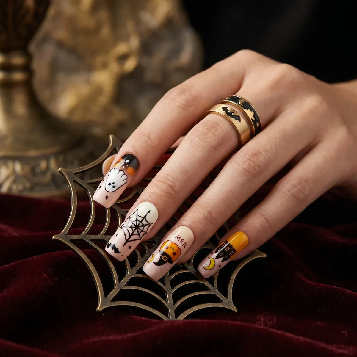 Kentrim Jelly Glue Yellow Kentrim Halloween Ghost & Pumpkin Medium Coffin Press On Nails - 24 Pieces (12 Sizes)