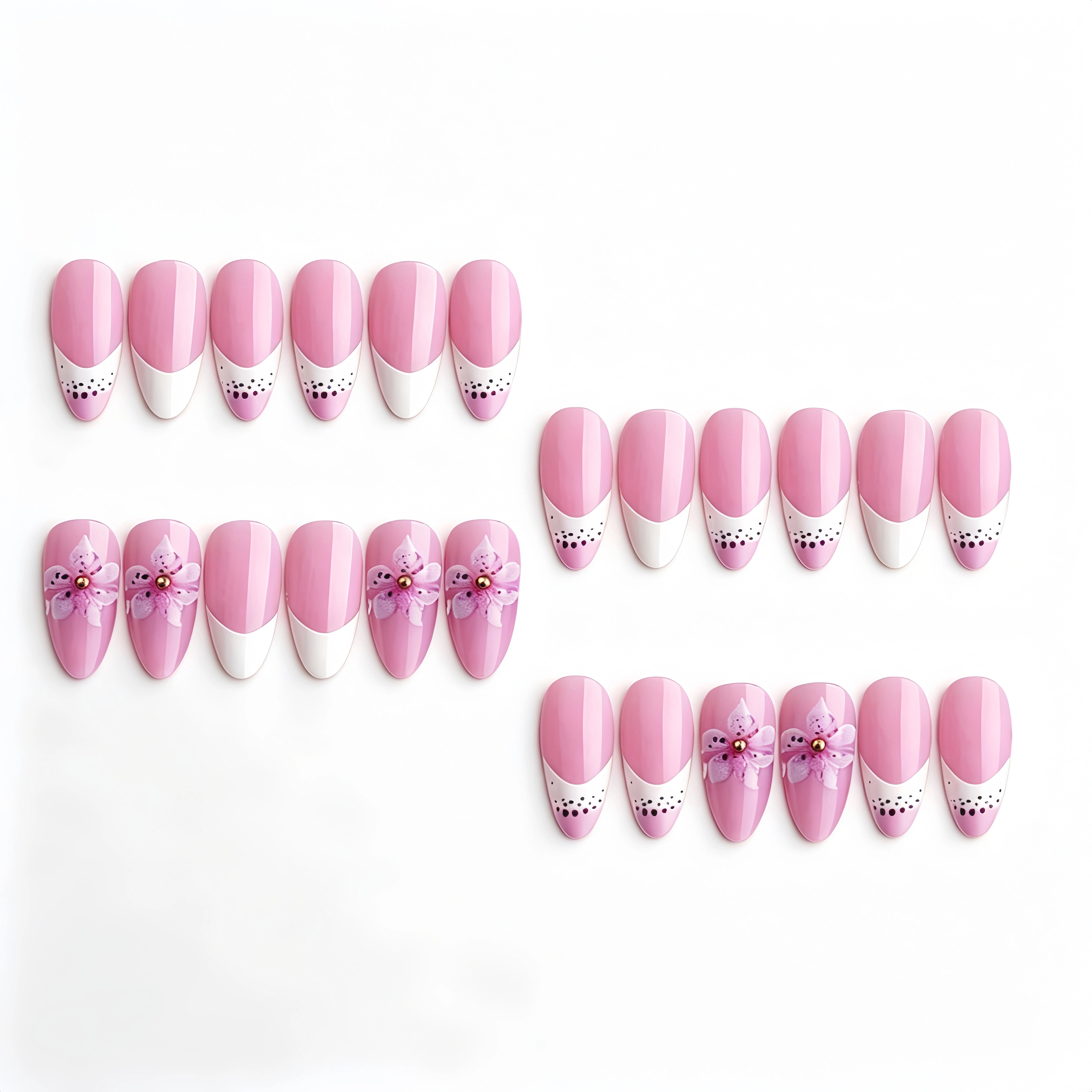 Kentrim Pink White French Tip 3D Flower Medium Almond Press On Nails - 24 Pieces, 12 Sizes Main image