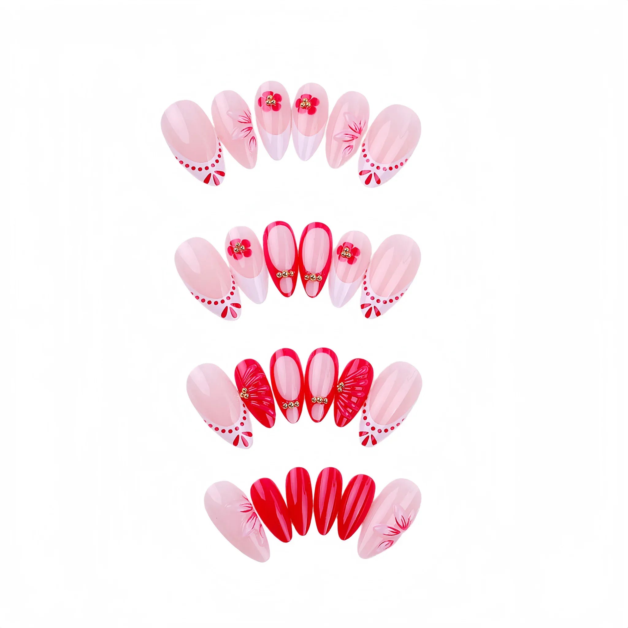 Kentrim red French press-on nails with 3D flower and shell details, 24-piece set in 12 sizes, natural-looking nail designs Main image