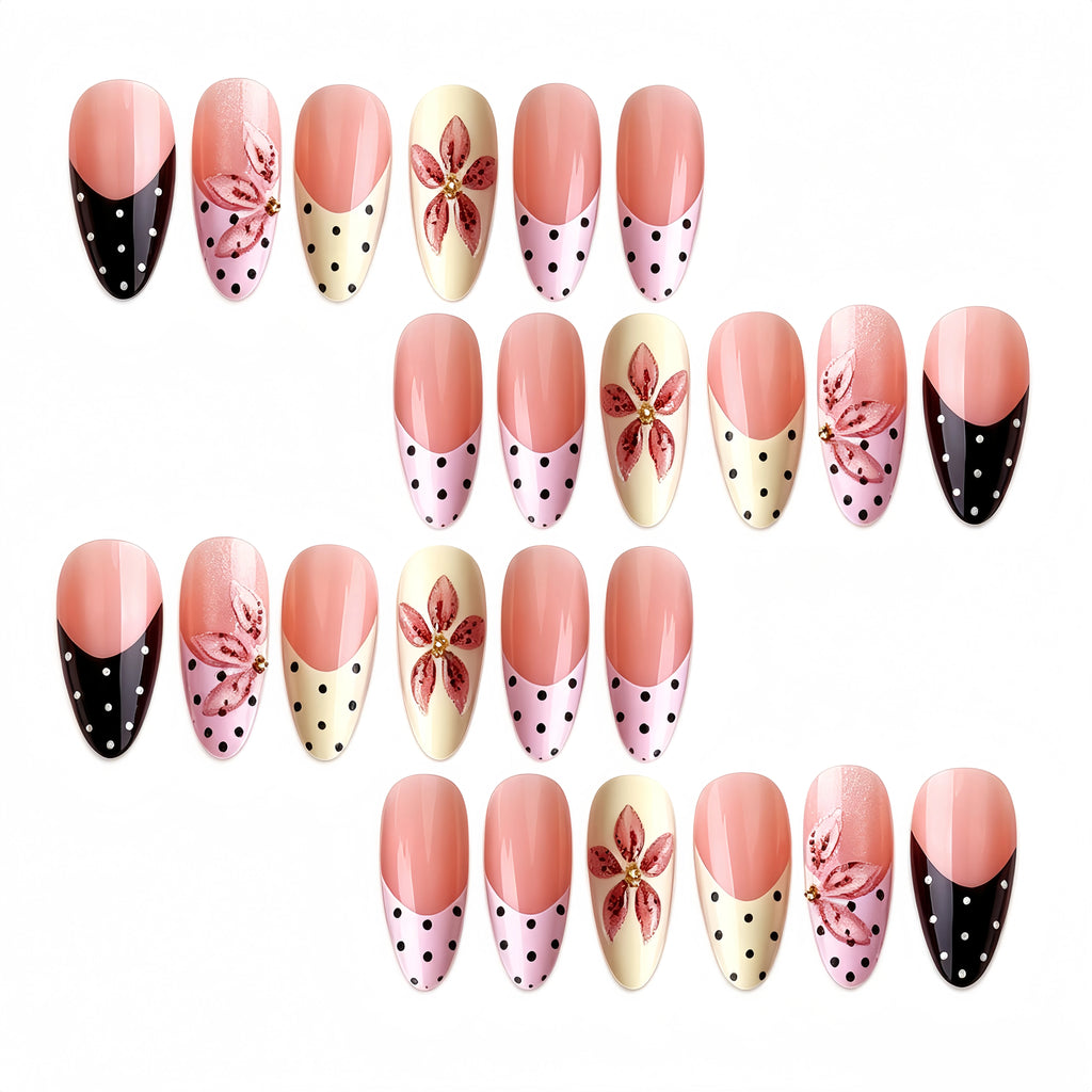 Kentrim 3D Nude Pink Flower Polka Dot French Medium Almond Press On Nails - 24 Pieces, 12 Sizes