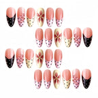 Kentrim 3D Nude Pink Flower Polka Dot French Medium Almond Press On Nails - 24 Pieces, 12 Sizes