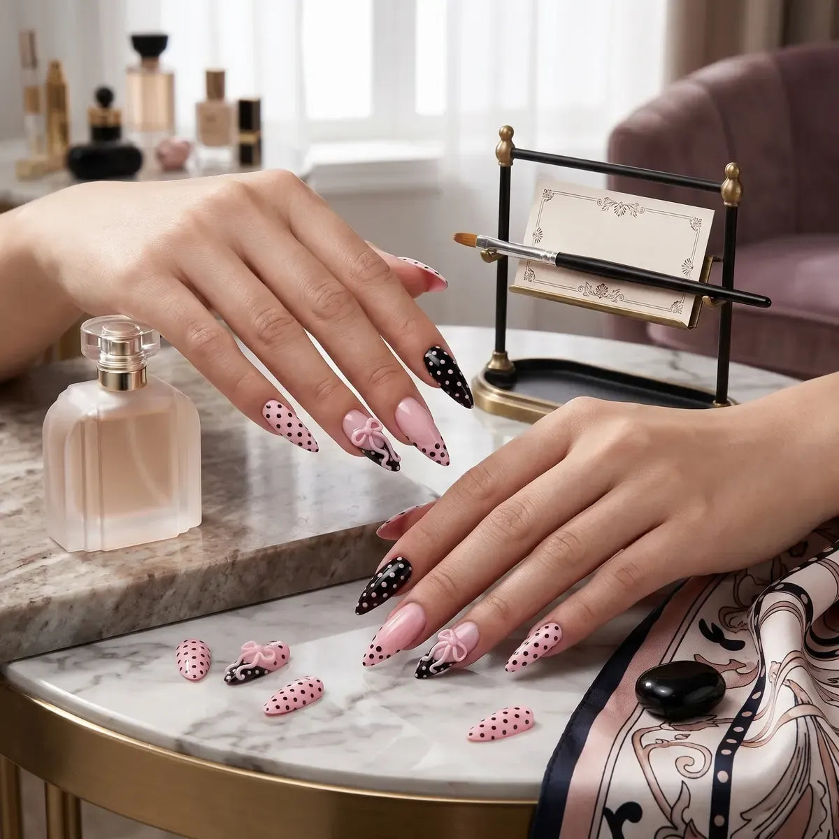 Kentrim Jelly Glue Pink Kentrim Pink & Black Polka Dot Press On Nails-24 Pieces (12 Sizes)