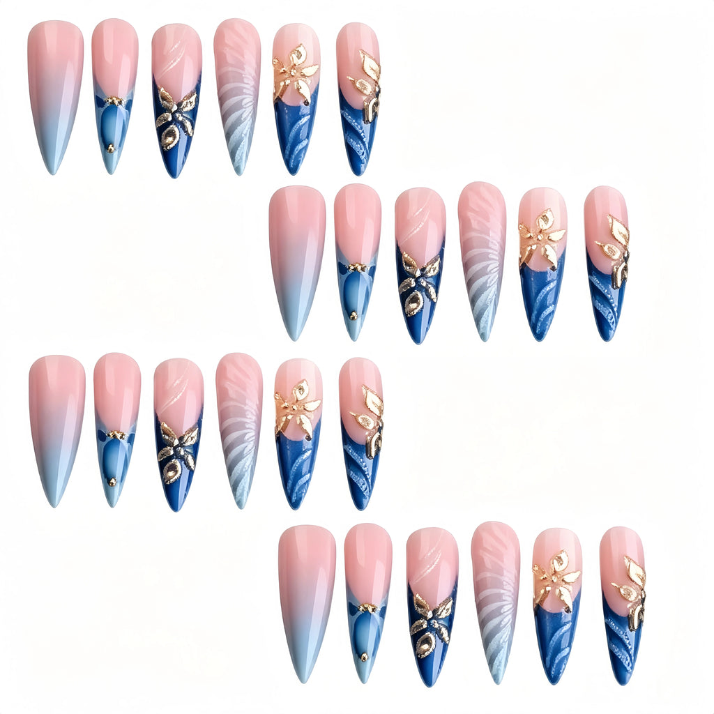 Kentrim Blue Pink Ombre 3D Gold Flower Rhinestone Long Stiletto Press On Nails - 24 Pieces, 12 Sizes