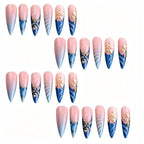 Kentrim Blue Pink Ombre 3D Gold Flower Rhinestone Long Stiletto Press On Nails - 24 Pieces, 12 Sizes